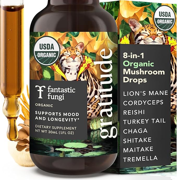 Mushroom Supplement with Cordyceps, Reishi, Lion's Mane, Chaga, Turkey Tail, Shitake, Maitake & Tremella - Adaptogen Drops - Organic Mushrooms Liquid Tincture - 8-in-1 Mushroom Extract Complex, 1fl oz