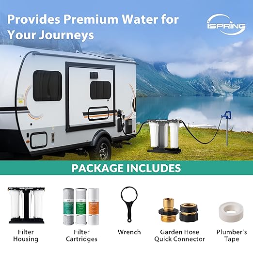 iSpring CW31-PF RV Water Filter System, SGS-Tested PFAS Removal, Reduces Chlorine, Lead, Sediment, Rust, and Odors, Leak-Free, Tankless, High Capacity, 3/4'' Lead-Free Brass Hose Quick Connectors