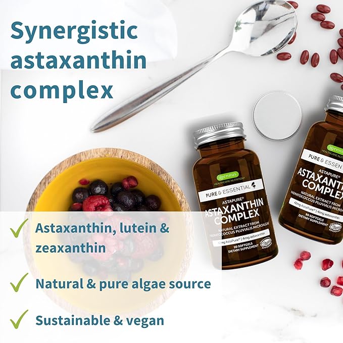 Igennus Vegan Astaxanthin 4mg Complex with Lutein and Zeaxanthin, 90 Small Softgels, from 42 mg Astapure, Natural Algae Antioxidant for Eyes, Skin & Joints, Non-GMO, H. Pluvialis