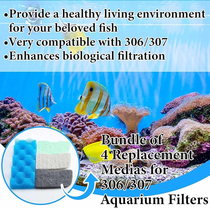 20 Pcs Aquarium Filters Replacement Filter Media Kits Compatible with Fluval 306/307, Including 2 Biological Foams, 6 Ammonia / 6 Phosphate / 6 Nitrite Remover