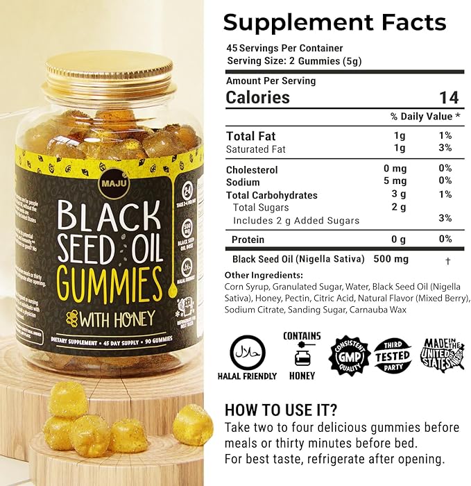 MAJU's Black Seed Oil Gummies with Honey 90ct, 500mg BSO Gummy, Black Cumin Seed Nigella Sativa Oil, Cold-Pressed, Potent Formula, 90ct (3-Pack)