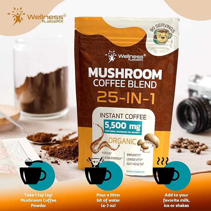 Mushroom Coffee Organic Instant Coffee, 25-in-1, Third-Party Tested Keto Friendly Lions Mane Supplement with Functional Mushrooms β Shiitake, Reishi, Lionβs Mane & More | Smooth, Rich Flavor - 90 Servings