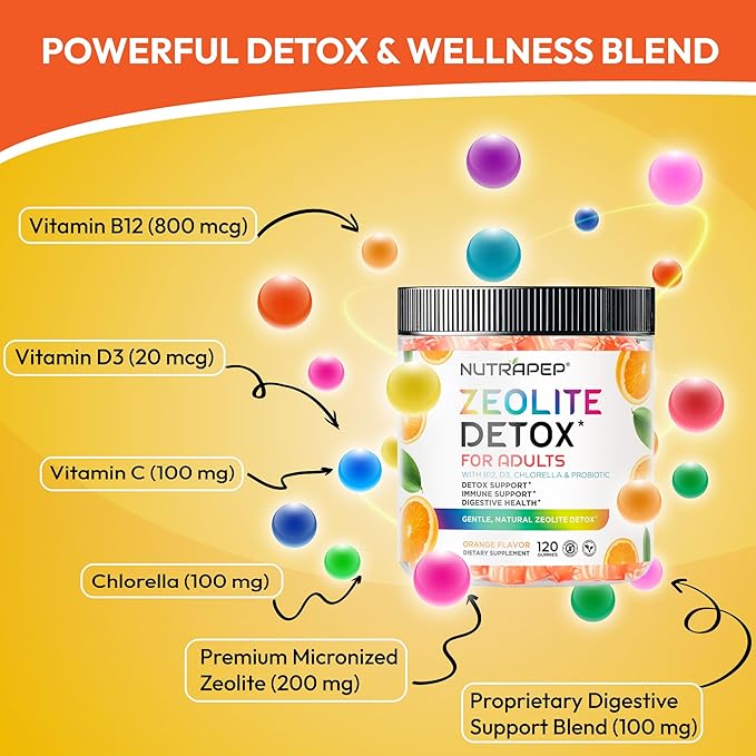 Zeolite Detox Gummies for Adults - Clinoptilolite Zeolite with Chlorella Vitamins D3 B12 C - Advanced Chewable Supplement for Immune Health Body Cleanse & Toxin Support - Sugar Free Vegan