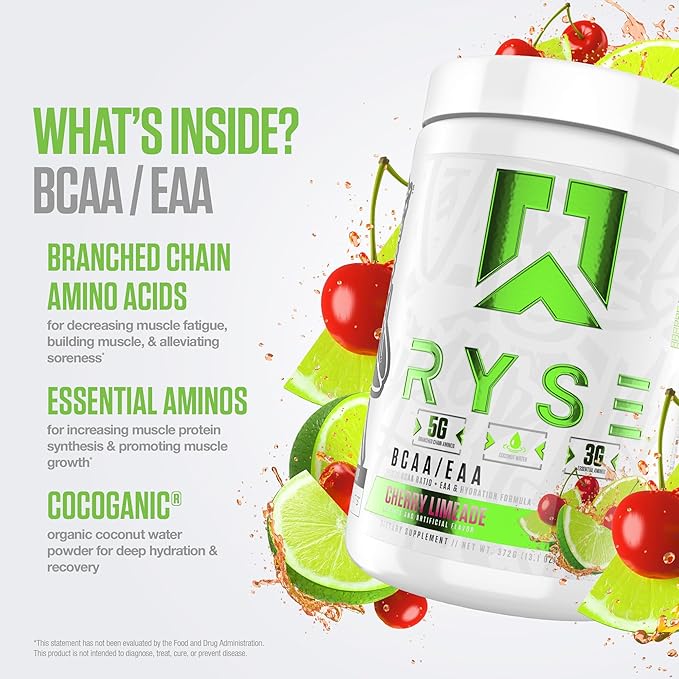 RYSE BCAA EAA Powder - Cherry Limeade - 5g Branched Chain Amino Acids, 3g Essential Aminos, Sugar-Free Electrolytes for Pre & Post Workout Muscle Recovery, Hydration and Strength - 30 Servings