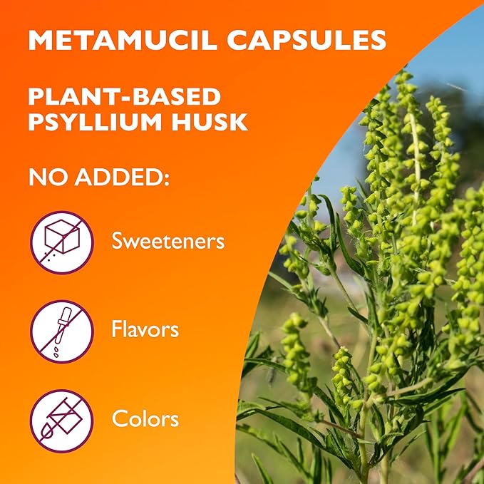 Metamucil, Fiber Capsules, 3-in-1 Psyllium Husk Fiber, 300 Capsules, Daily Fiber Supplement, Help support digestive health*, heart health by lowering cholesterol†, and healthy blood sugar levels*.