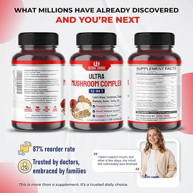 Ultra Mushroom Supplement Complex w Lion's Mane Cordyceps Maitake - 8 in 1 Mushroom Brain Supplements for Enhanced Clarity and Focus | 150 Capsules