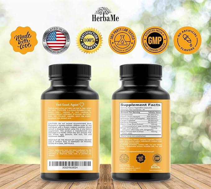 Proteolytic Enzymes Supplement with Serrapeptase - Devils Claw, 90 Capsules, Promotes Joints Relief, Muscle and Tissue Health with Lasting Mobility, Athletes Post Workout Recovery Support