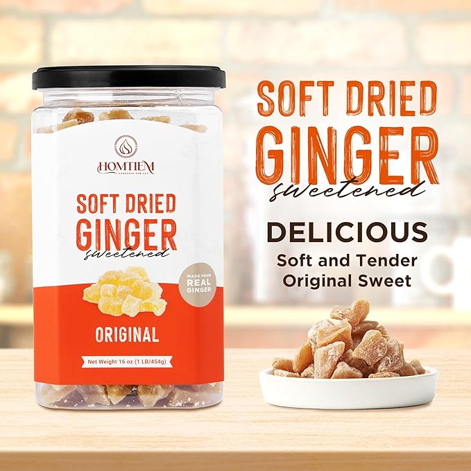 Homtiem Dried Crystallized Ginger(16 Ounce)Soft, Chews and Candied Delicious Gingers,No Artificial Colors, Easy to eat, keep and use, Real ginger candied pieces,All-Natural and Preservative-Free(2 LB) Pack2