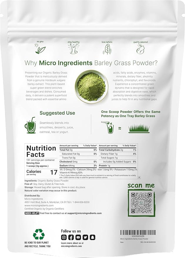 Organic Barley Grass Powder, 16 Ounces | US Grown | Rich in Vitamins, Minerals, Fibers, & Antioxidants | Superfood Greens Mix for Immune Health and Digestion Support | Non-GMO