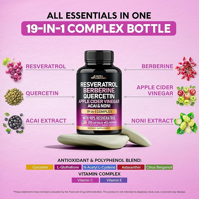 Resveratrol Supplement - 19-in-1 Organic Polyphenol Complex - Noni Extract | Berberine | Quercetin | Apple Cider Vinegar | Acai - Made in USA - Antioxidant & Heart Health Support - 120 Capsules