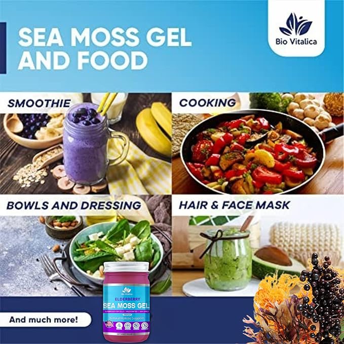 Sea Moss Gel by BioVitalica - Irish sea Moss raw Organic - Premium Quality - Dr Sebi, Vegan superfood for Cells - 100% Natural Seamoss Gel - (Pack of 3, Elderberry)