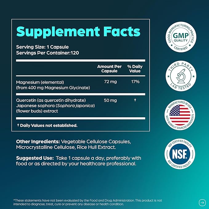 Sandhu's Magnesium Glycinate 400mg Capsules with Quercetin | Quality Sleep, Relaxation, Muscle Health & Immune Support | 120 Count (Pack of 2) | Easy to Swallow | for Women and Men