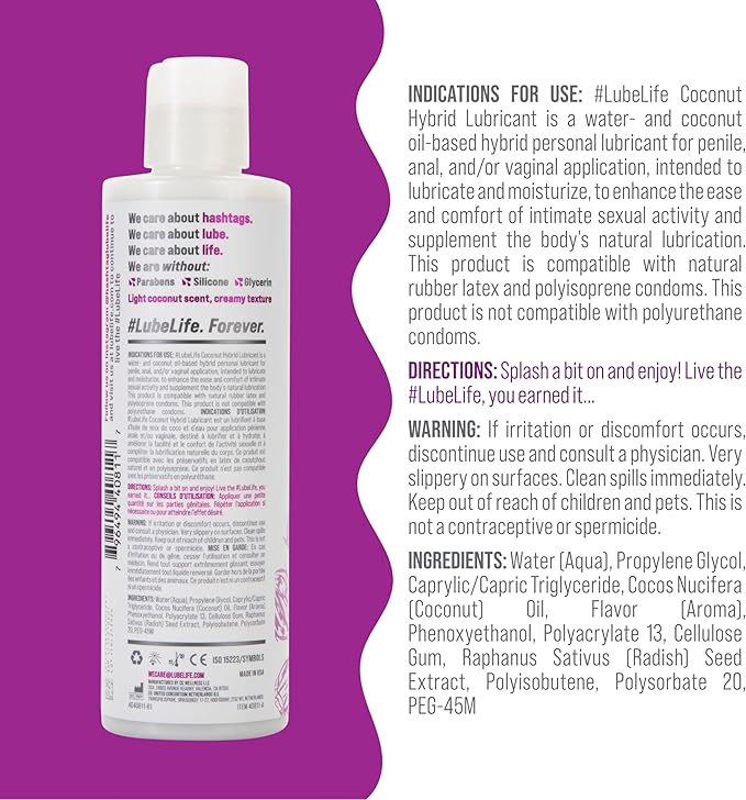 LubeLife Coconut Hybrid Lube –Water & Coconut Oil Personal Lubricant – Smooth, Skin-Safe Formula with Easy Clean for Privacy & Toys, 8 Fl Oz
