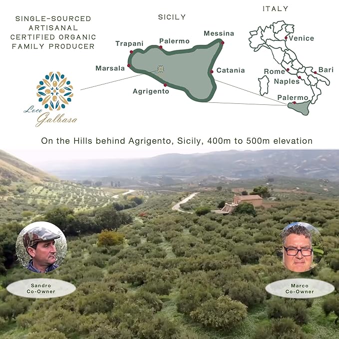 Galbasa - Organic Olive Oil from Sicily, Italy - Extra Virgin, First Cold Pressed, Early Harvest - Polyphenol Rich, Peppery Finish, No Pesticides - 16.9 fl oz