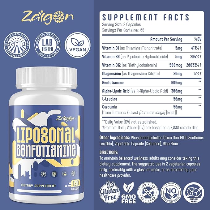 Zaigon Benfotiamine Vitamin B1 600mg, Thiamine B1 Supplement for Women & Men, VIT B1 Fat Soluble for Glucose Metabolism & Nerve Support with Alpha-Lipoic Acid, Gluten Free (120 Vegan Capsules)