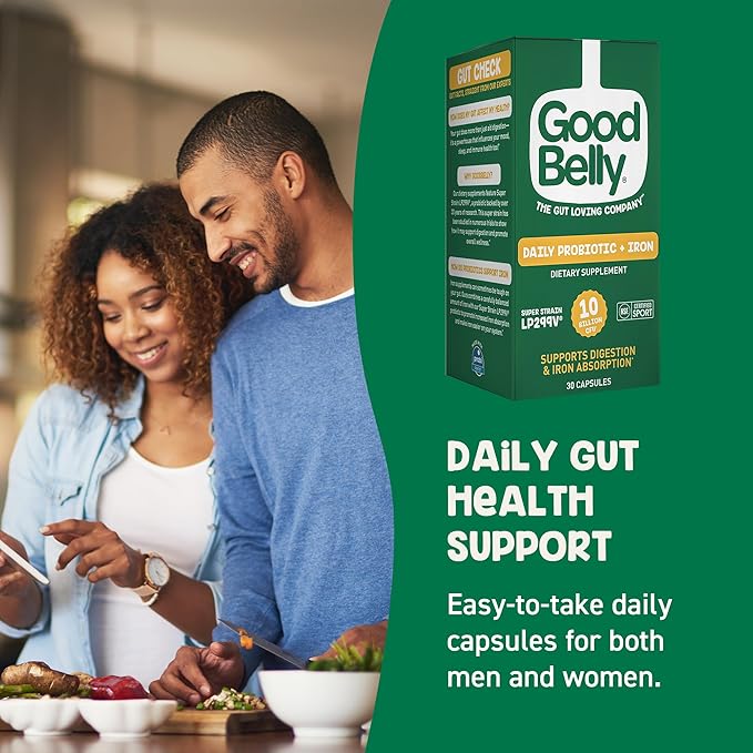 GoodBelly Probiotic Capsules for Digestive Health & Iron Absorption | Vegan Probiotic Supplement with 10 Billion Live Cultures | Probiotics for Women & Men | 30 Capsules