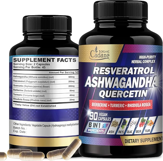 Organic Cadane Ashwagandha Supplements - 6 Premium Ingredients with Resveratrol, Quercetin, Berberine, Turmeric, Rhodiola Rosea - 90 Extract Capsules