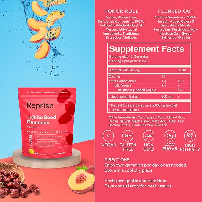 Jujube Seeds in Daily Gummies, 300 mg Full-Spectrum Jujube Seeds, Supports Relaxation & Restful Sleep, 100% Plant Based Vegan & Gelatin Free, Peach Flavored, 45 Gummies