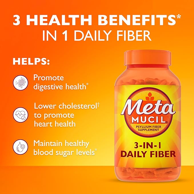 Metamucil, Fiber Capsules, 3-in-1 Psyllium Husk Fiber, 300 Capsules, Daily Fiber Supplement, Help support digestive health*, heart health by lowering cholesterol†, and healthy blood sugar levels*.