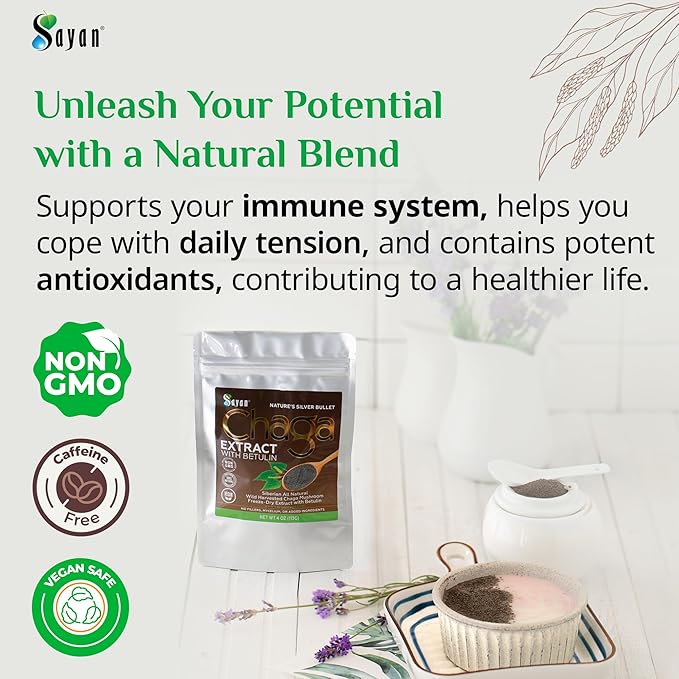Sayan Siberian Chaga Mushroom Extract with Betulin Powder (2 oz) – Organic Antioxidant Blend – Support Immune System & Regulate Body Functions, Energy, Clarity, Wellness – Mix with Yogurt or Smoothies