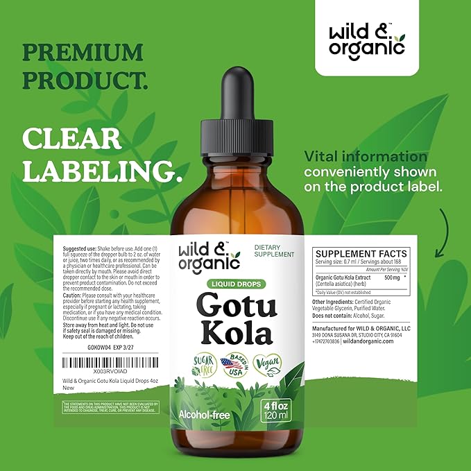 Wild & Organic Gotu Kola Extract Drops - Brain Support with Centella Asiatica Extract - Liquid Gotu Kola Supplement for Focus - Vegan, Sugar & Alcohol-Free Herb Tincture - 4 fl oz