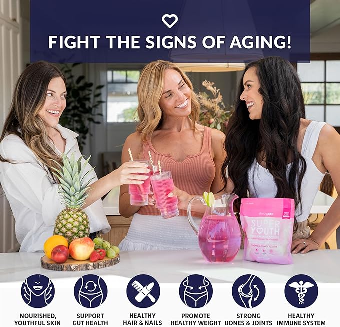 SkinnyFit - Super Youth Collagen for Women - Multi Collagen Peptides Powder - Probiotics, Fiber, Hyaluronic Acid - Non GMO, Gluten Free, Sugar Free - Beauty & Self Care - Tropical Punch (28 Servings)