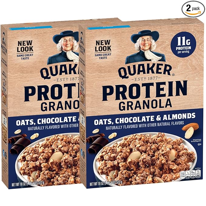 Quaker Protein Granola, Oats Chocolate, & Almonds, 18oz Boxes (2 Pack)