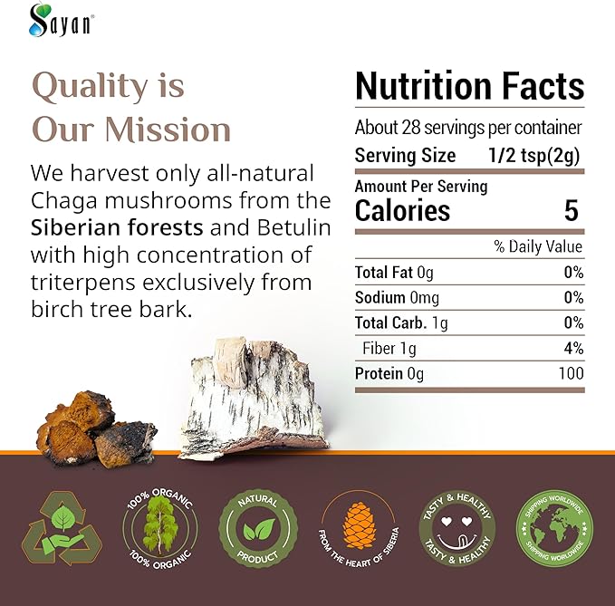 Sayan Siberian Chaga Mushroom Extract with Betulin Powder (2 oz) – Organic Antioxidant Blend – Support Immune System & Regulate Body Functions, Energy, Clarity, Wellness – Mix with Yogurt or Smoothies