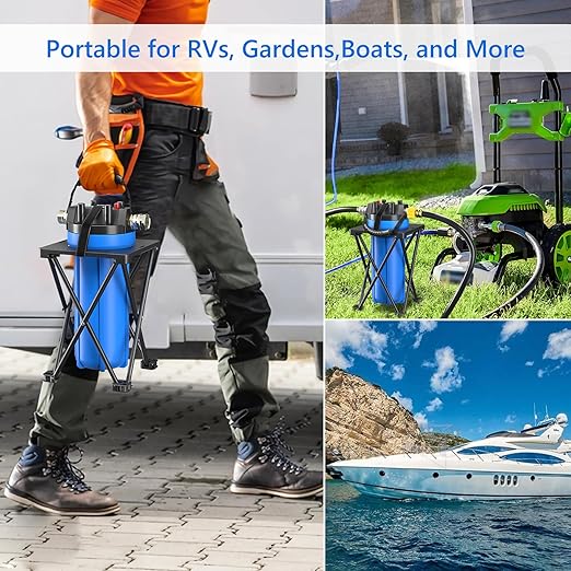 4-Layer RV Water Filter with Stand and 7,000 Gallons Capacity, 3/4" GHT Metal Threads Inline Water Filter, Removes Sediments, Chlorine, VOCs, Heavy Metals, Bad Taste, Odor, and More