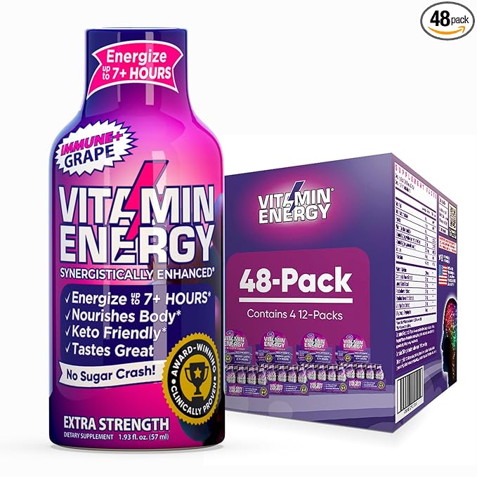Vitamin Energy Immune+ Extra Strength Energy Shot Grape 48 Pack, 260mg Natural Caffeine, B-Vitamins, Citicoline, Green Tea, Immunity & Focus Support, Zero Sugar, Gluten-Free 1.93 fl oz