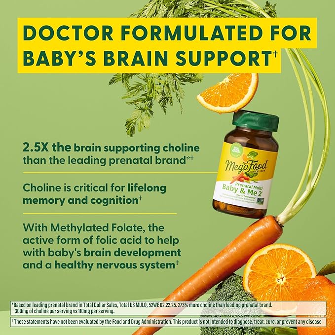 MegaFood Baby & Me 2 Prenatal Vitamin and Minerals - Vitamins for Women - with Folate (Folic Acid Natural Form), Choline, Iron, Iodine, and Vitamin C, Vitamin D and more - 120 Tabs (60 Servings)