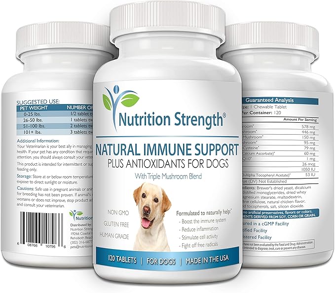 Immune Support for Dogs Plus Antioxidant, Reishi, Shiitake, Maitake, Turkey Tail Mushrooms for Dogs, with Coenzyme Q10, Selenium, Vitamin A, 120 Chewable Tablets