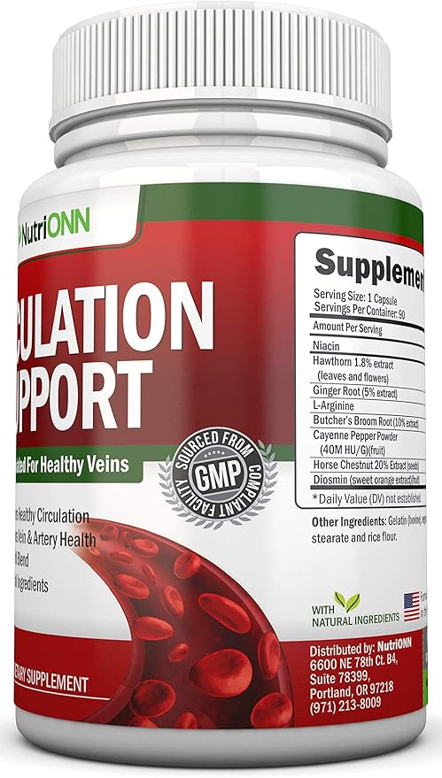 Blood Circulation Support - All Herbal Supplement For Healthy Blood Flow, Arteries & Veins - Promotes Leg Comfort - With Hawthorn, Niacin, L-Arginine, Butcher’s Broom, Cayenne Pepper, Horse Chestnut