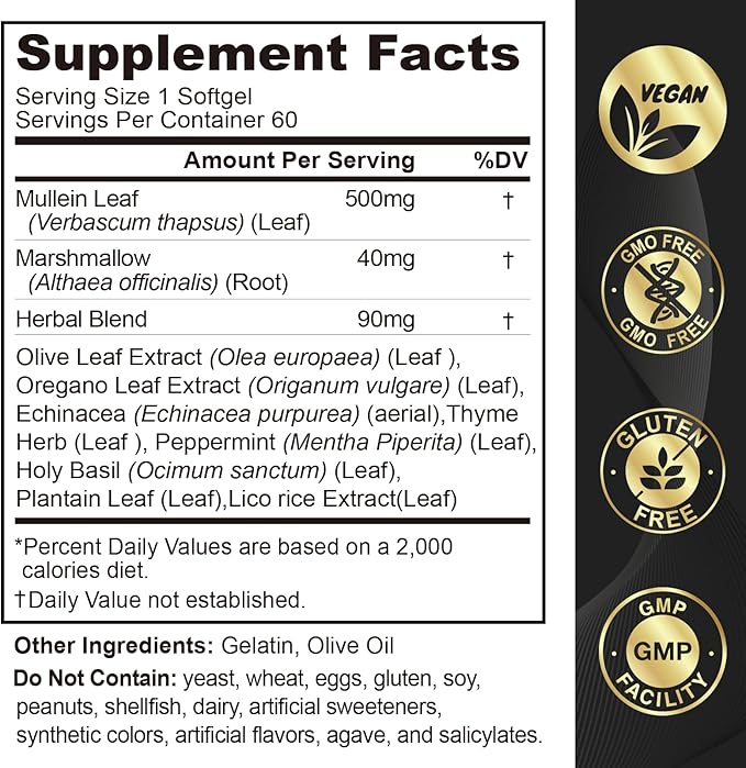 Mullein Leaf Extract for Lungs Softgels, Lung Detox for Smokers, Lung Cleanse Respiratory Lung Support, Herbal Supplements, Vegan, Non-GMO, Immune Digestive Support, 180-Count, 180 Days Supply