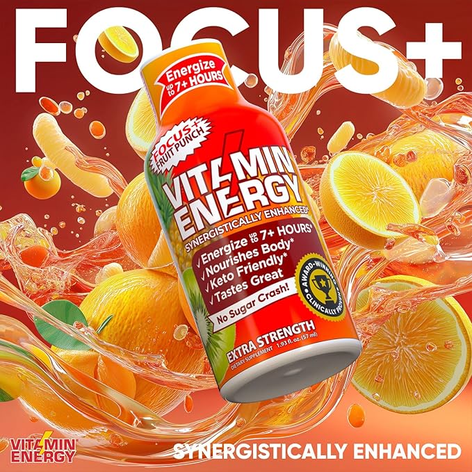 Vitamin Energy Focus+ Extra Strength Energy Shot Fruit Punch 12 Pack, 260mg Natural Caffeine, B-Vitamins, CoQ10, Amino Acids, Focus, Productivity & Clarity, Zero Sugar, Gluten-Free, 1.93 fl oz
