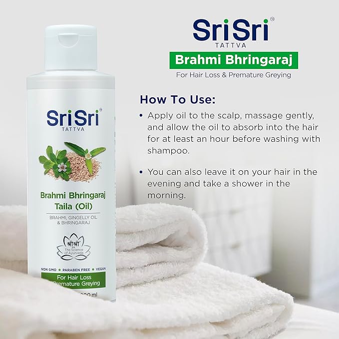 SRI SRI TATTVA Brahmi Bhringraj Hair Oil – Herbal Indian Coconut Scalp Treatment for Smooth, Healthy Hair Care – Ayurvedic Conditioning Mask with Natural Ingredients (6.76 fl oz)