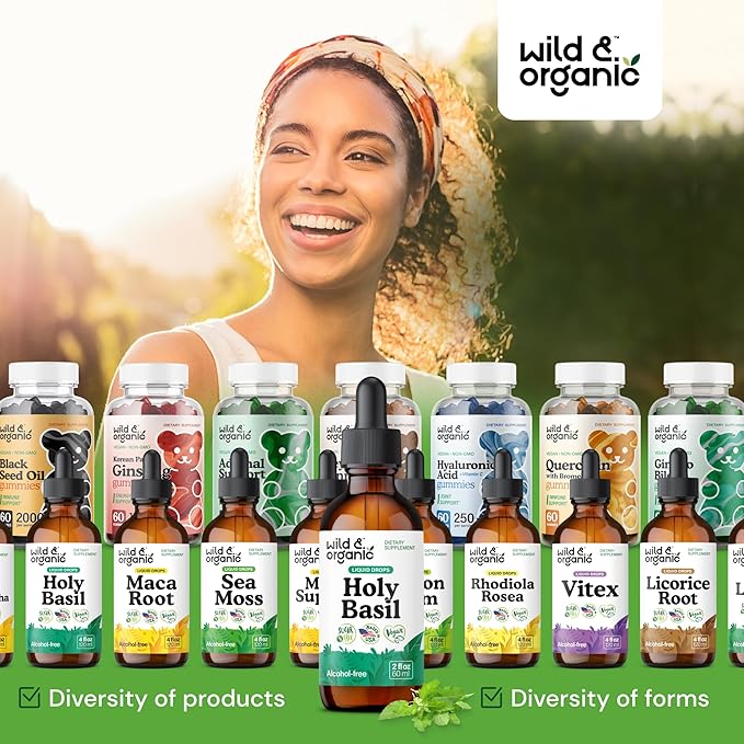 Wild & Organic Holy Basil Leaf Tincture - Relaxation, Calmness, Mood Support - Tulsi Holy Basil Supplement - Vegan, Sugar & Alcohol-Free Herb Extract Drops - 2 fl oz