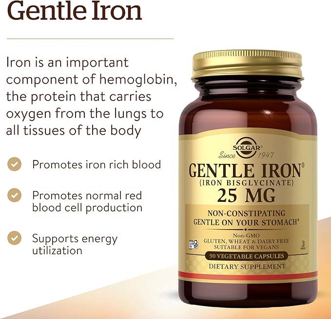 Solgar Gentle Iron 25mg, 90 Vegetable Capsules - Energy, Normal Red Blood Cell Production - Gentle on the Stomach - Non-GMO, Vegan, Gluten Free, Dairy Free, Kosher - 90 Servings