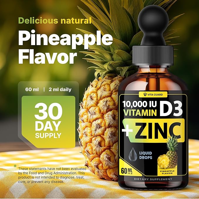 Vitamin D3 Drops with Zinc โ 10,000 IU D3 & 15 mg Zinc Liquid Supplement โ Immune Support for Men & Women โ Sugar-Free Pineapple Flavor โ 30-Day Supply