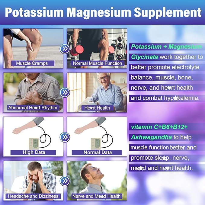 Potassium Magnesium Gummies - Potassium Supplement w/Ashwagandha 200mg, Magnesium Glycinate,B6,B12,P-otassium Citrate for Leg Cramps,Muscle,Electroyte for Adults Kids,Sugar-Free,1Pack