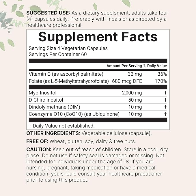 Myo-Inositol & D-Chiro Inositol 2,050mg | 240 Veggie Capsules + Vitamin C, Folate, DIM, & CoQ10 | Inositol Supplement for Women | 40:1 Ratio | Hormonal Balance & Ovarian Support | Filler Free