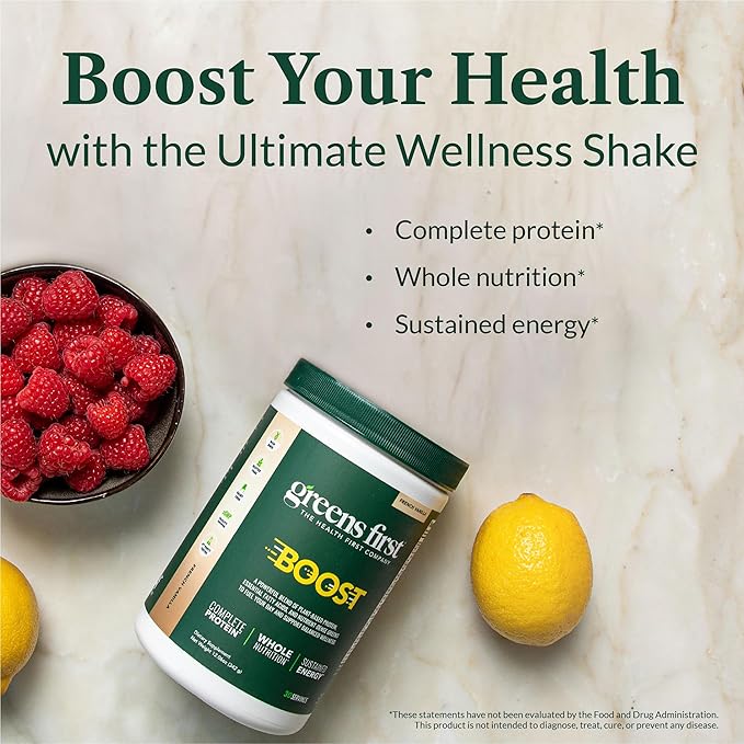 Greens First Boost - Plant-Based Protein & Balanced Nutrition - Superfood Shake Mix - No Wheat or Soy - Dairy-Free - Vegan - French Vanilla, 12.06 oz.