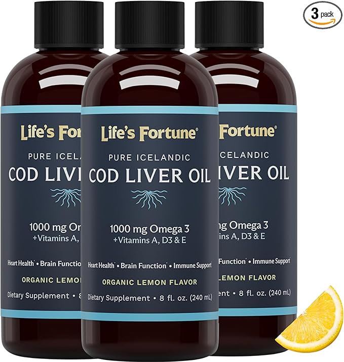 Life's Fortune Cod Liver Oil Liquid Lemon Flavor Organic Supplement with DHA, EPA 1000 mg High Potency Omega-3s + Vitamin A, E & D3 - Supports Immune, Joints, Eyes, 8 Fl Oz (Pack of 3)
