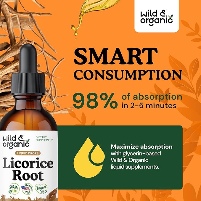 Wild & Organic Licorice Tincture - Digestive Support - Pure Licorice Root Extract Drops - Glycyrrhiza Glabra - Vegan, Sugar & Alcohol-Free Supplement - 2 fl oz