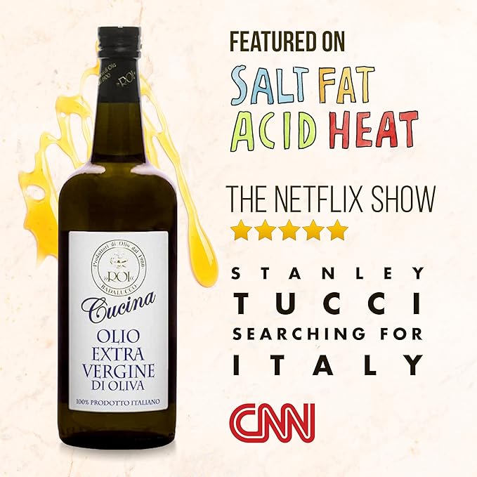 Roi Extra Virgin Olive Oil from Italy - Cucina Ligurian Olive Oil from Italy, First Cold Pressed, Pure, Polyphenol Rich EVOO, 34 fl oz (1 liter), Pack of 6
