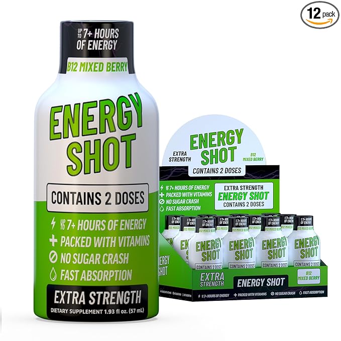 Mixed Berry Extra Strength Energy Shot 12 pk – 260mg Natural Caffeine B12 B6 – Energy & Focus Support – 2 Servings Sugar Free Zero Calorie Green Tea B-Vitamins Electrolytes Vegan – 1.93 fl oz