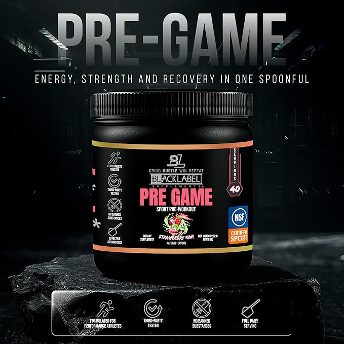 BLACKLABEL Supplements PRE-Game Pre Workout Powder, Strawberry Kiwi (40 Servings) – NSF Certified for Sport – Customizable 150mg Caffeine for Energy & Focus – Low-Stimulant Pre Workout for Men Women