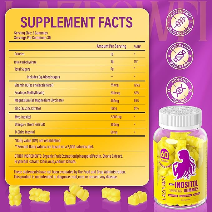 Myo-Inositol & D-Chiro Inositol,Inositol Gummies with Vitamin D3, Magnesium Glycinate, Omega-3, Folate & Zinc, Inositol Supplement Menstrual Cycle for Women-40:1 Ratio-90 Day Supply