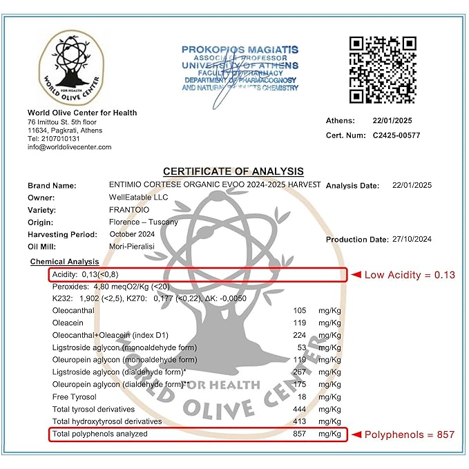 Entimio Cortese +700 mg/kg Polyphenol Rich Organic Extra Virgin Olive Oil, New 2024-2025 Early Harvest Italian Olive Oil from Tuscany, Italy, 2025 Gold Winner, Cold Extracted, Lab Tested - 16.9 fl oz