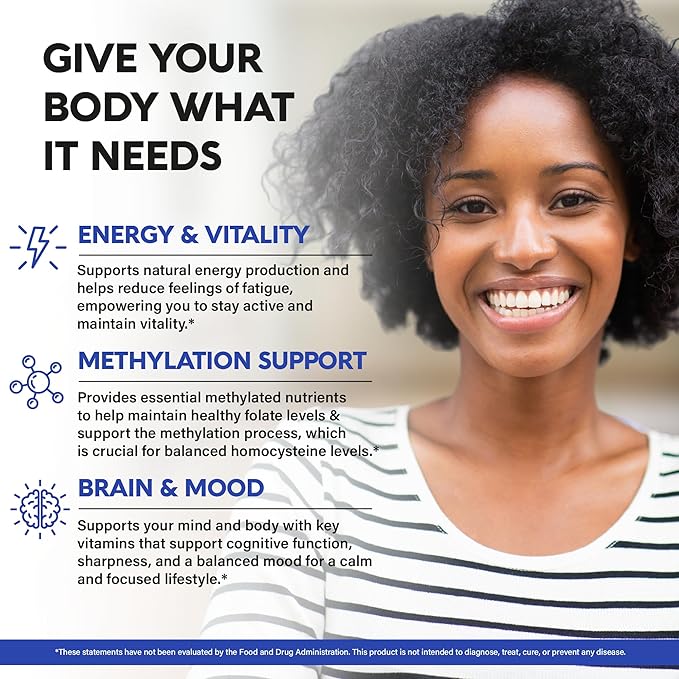 Vitamin B Complex Methylated - B-Complex with Methylfolate & B12 - Bioavailable for Men & Women - 9-in-1 Methylated Multivitamin - Energy, Brain & Mood - Vegan - Made in USA - 120 Capsules, One/Day